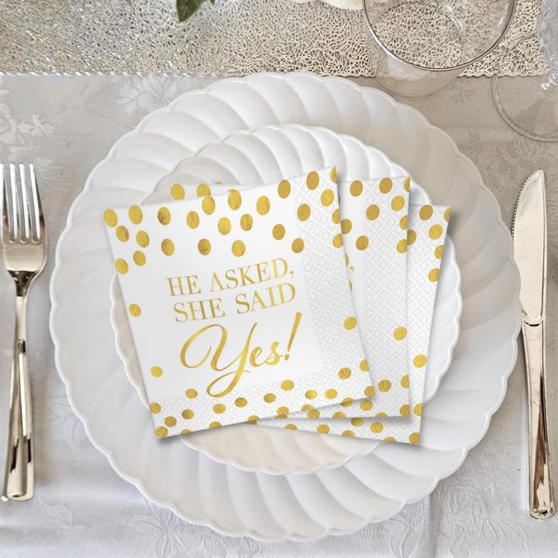 Amscan Elegant Gold & White "He Asked, She Said Yes!" Hot Stamped Beverage Napkins - 5" x 5" (Pack Of 16) | Sturdy Paper Materials | Perfect For Weddings & Engagements Celebrations - Image 4